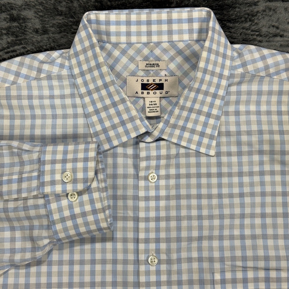 Joseph Abboud Dress Shirt Men 18.5 34/35 Blue Gingham‎ Classic Fit